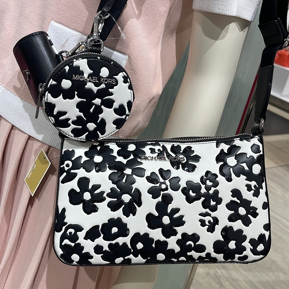 MICHAEL KORS Jet Set Sm Sequined Floral Print Crossbody w Case for Apple Airpods - Picture 8 of 16